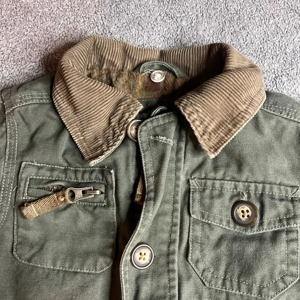OshKosh B'gosh BabyBoy Green Utility Barn Jacket Corduroy Collar Plaid Lined 12M